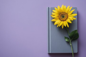 A beautiful sunflower blooming on top of a closed book