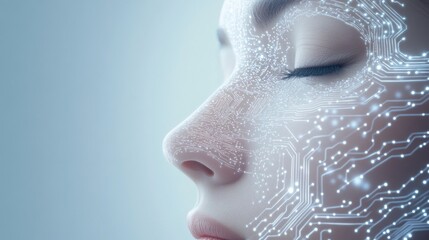 Futuristic Woman with Digital Circuit Face Overlay
