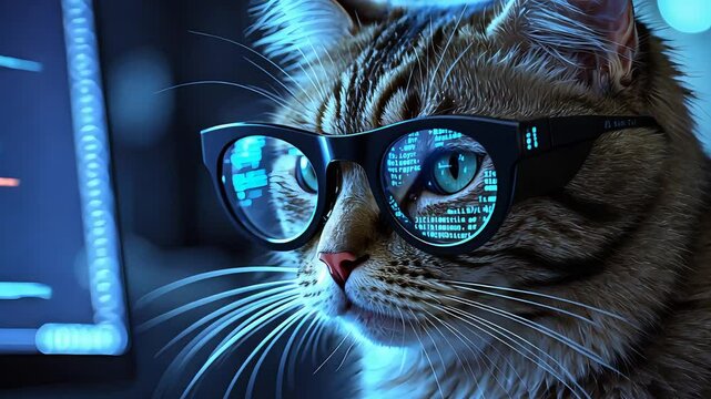 Cat Glasses Computer Screen Coding Technology Digital Blue Light Feline Tech Curious Pet Desk Night Work Programming