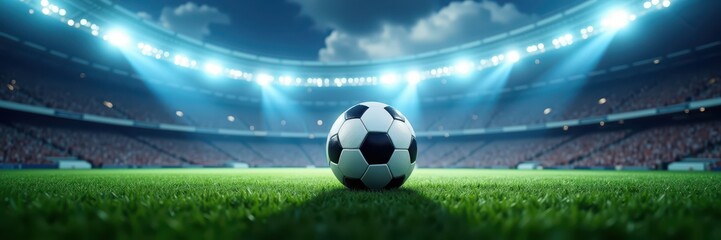 Naklejka premium Soccer ball in an illuminated football stadium