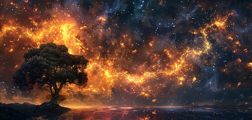 Solitary Tree Under a Cosmic Sky Filled with Fiery Stars and Galactic Wonders
