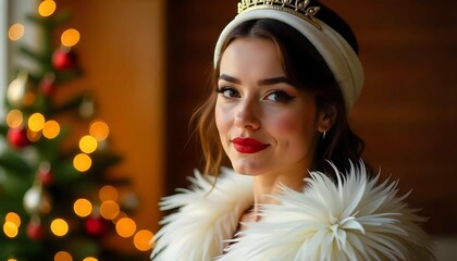 A portrait of a young woman wearing a tiara on her head. She is wearing a white headscarf wrapped around her head and a white feather boa draped over her shoulders. Her hair is styled in loose curls .