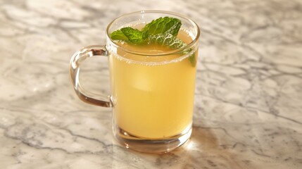 Serene glass cup of herbal tea with fresh mint on marble table in soft natural lighting