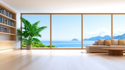 Fototapeta premium Serene and Inviting Modern Living Room with Expansive Windows Offering Breathtaking Ocean Views and Natural Light in a Contemporary Design,Office interior backdrop for online meetings