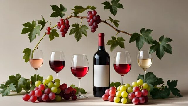 Flat-lay arrangement of red, ros&eacute;, and white wine in glasses, a branch of grapevine, and wine bottles in the background. Food and drink mockup, template, border.
