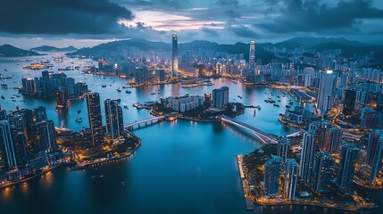 Naklejka premium Stunning Aerial View of Hong Kong Cityscape at Dusk with Illuminated Buildings