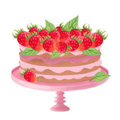 Cute strawberry cake on a stand, pie with cream drips, sweet berry dessert with mint, still life style png illustration.
