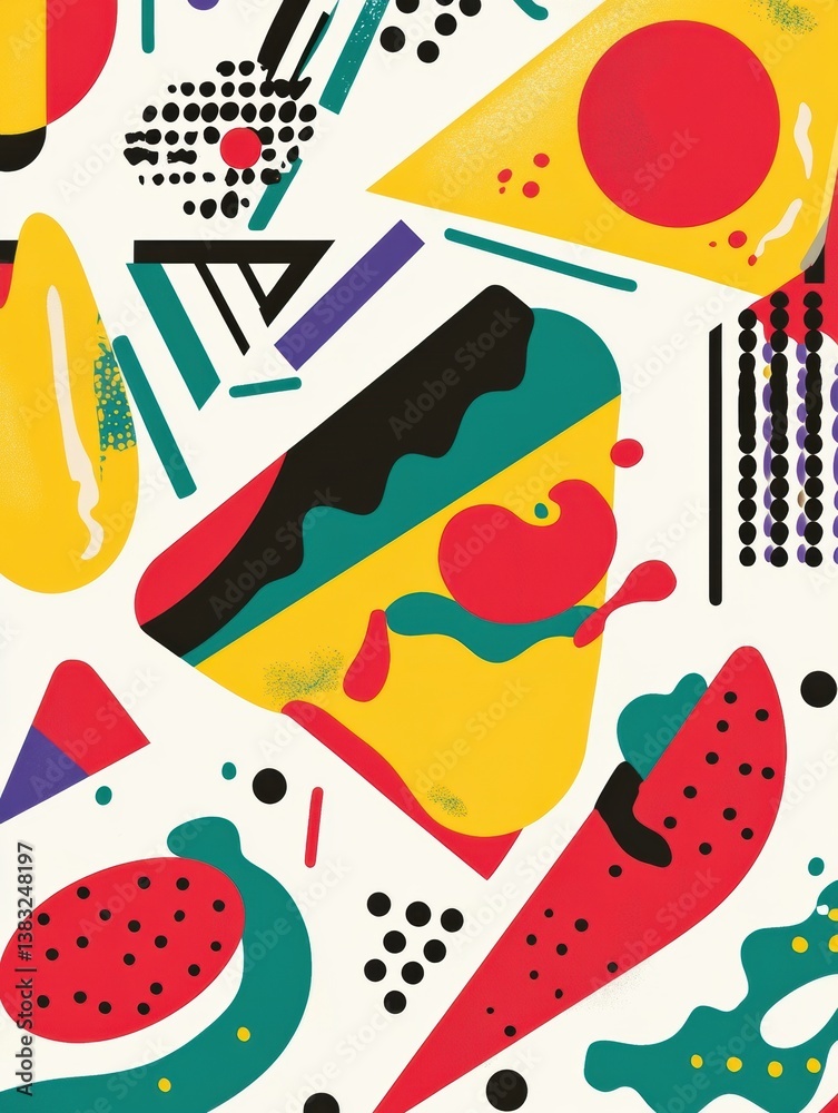 Poster colorful memphis-style pop-art background featuring floating abstract food shapes and geometric elem
