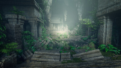 Fantasy underground temple ruins in a mountain cave with crumbling stone architecture overgrown with vegetation. 3D illustration.