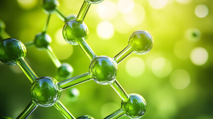 Green molecular structure chemistry concept, scientific molecule network close up. Biotechnology research, organic chemistry, nanotechnology, medical science innovation, molecular biology background w
