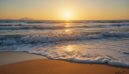 Golden Sunrise Over Ocean: A breathtaking view of the ocean at dawn, as the sun rises over the horizon casting a golden glow.