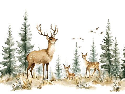 Fototapeta A majestic deer and its two adorable fawns stand proudly in a serene watercolor forest scene with evergreen trees.