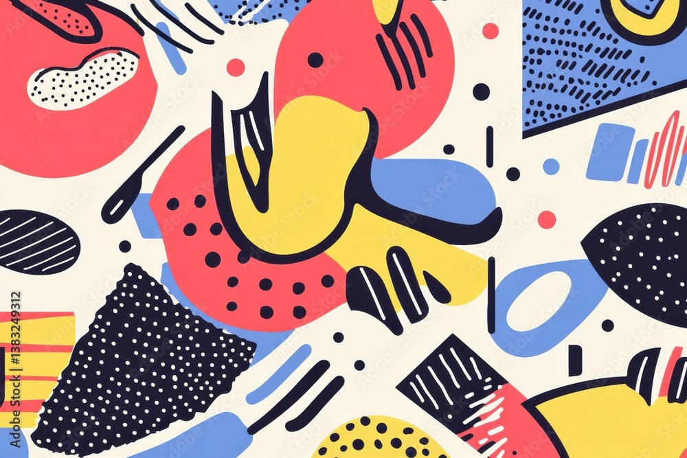 Poster colorful memphis-style pop-art background showcasing abstract food shapes and bold geometric element
