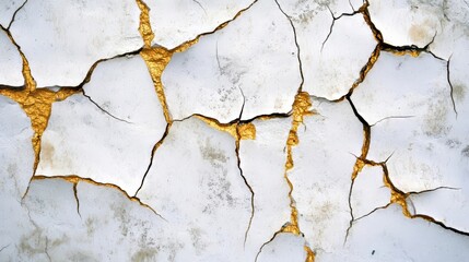 Kintsugi-inspired texture: fractured white surface with glimmering gold veins of resilience and beauty.