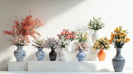 Harmonious arrangement of diverse floral bouquets in elegant vases displayed against a minimalist white backdrop.