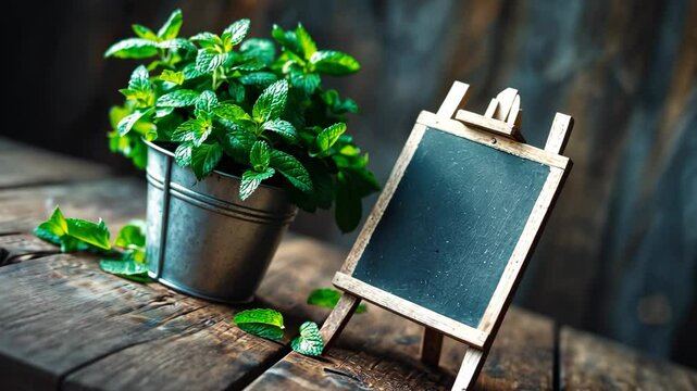 Fresh raw mint bundle in a metal container on a wooden surface. Organic peppermint detail in rustic style, vegetarian cuisine. Flat lay