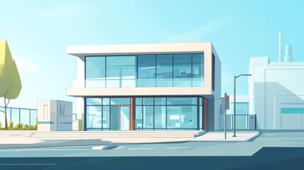 Modern city office building, sunny street, industrial background, real estate