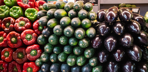 Colorful display of fresh vegetables at a farmers market