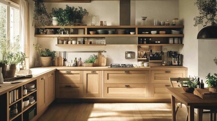 Rustic kitchen design, warm sunlight, wooden cabinets, plants, home decor, interior design, website