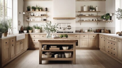 Farmhouse kitchen island, open shelving, plants, light wood cabinets, home design