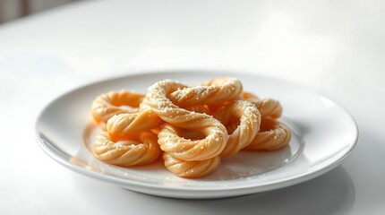 Golden Fried Twisted Pastries Coated with Sugar on White Plate in Minimal Presentation
