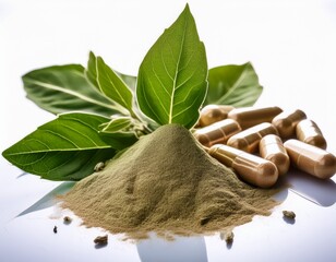 ashwagandha powder surrounded by vegetable capsuled ashwagandha pills and leaves, white background