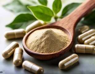 ashwagandha powder surrounded by vegetable capsuled ashwagandha pills and leaves, light natural background