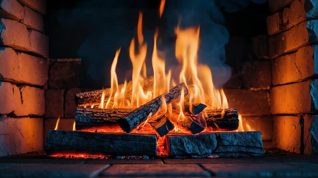 Radiant flames in a stone fireplace