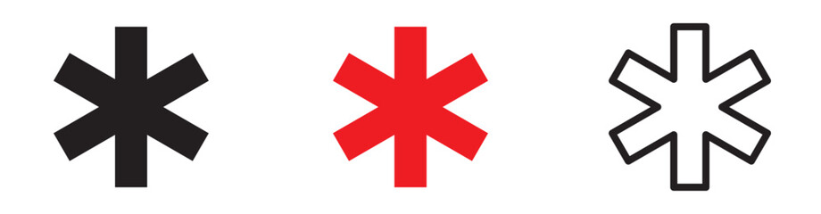 Asterisk symbol variations. Black, red, and outline star shapes