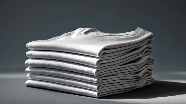 Close-up view of a pile of folded white cotton t-shirts set against a backdrop. Clothing, minimalism, retail concept. Horizontal video.