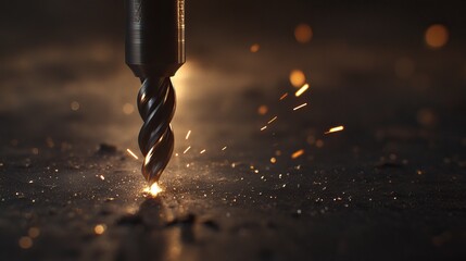 Detailed close-up of a twist drill bit rotating through a metal plate, sparks visible