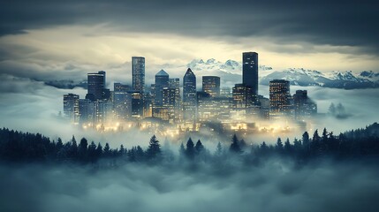 Spectacular Seattle Skyline Emerging from Dense Fog with Mountain Backdrop