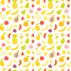 Colorful different summer fruits seamless pattern. Trendy modern vector seamless pattern with hand drawn cartoon summer fruits - pineapple, banana, avocado, watermelon, lemon and so on