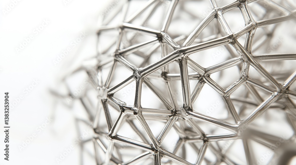 Poster Interconnected metals create a geometric network, forming a complex and visually striking structure against a white background, showcasing intricate patterns and precision.