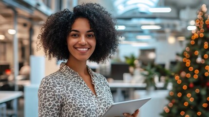 Confident professional with glowing smile holding a tablet in a festive office setting.