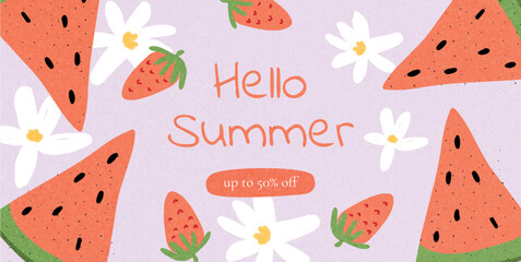 Hello Summer banner with hand-drawn illustrations. Watermelon slices, strawberries, white flowers with yellow centers on light background. Flat vector illustration.