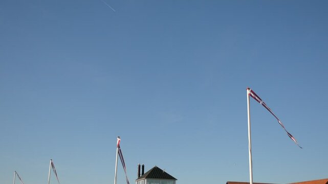 long danish windsocks fluttering in the wind against a bright blue sky. rooftops and a traditional nordic building are visible below