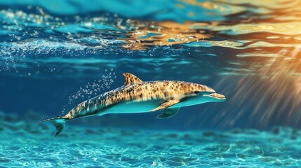 Obraz premium Dolphin swimming gracefully in clear ocean waters at sunset