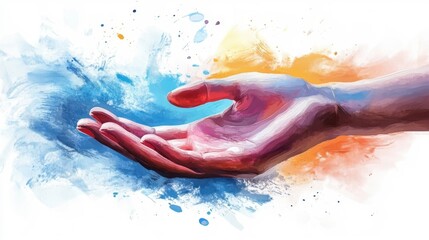 Watercolor hand offering: a symbol of generosity and connection with vibrant textures.