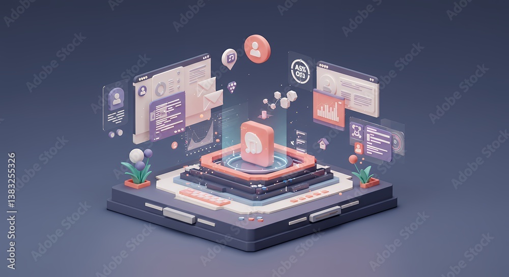 Poster isometric technology platform showcasing diverse web interface data analysis and application develop
