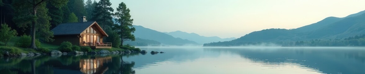 Obraz premium Secluded lakeside cabin, minimalist design, surrounded by trees Isolated vector illustration , landscape, rustic, nature