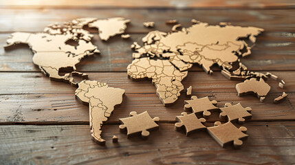 Global puzzle pieces come together on rustic wood surface