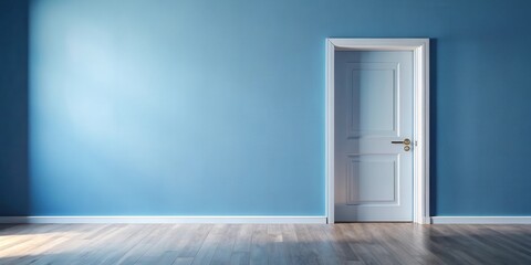 A serene interior scene featuring a closed white door set against a calming blue wall, a minimalist design showcasing hardwood flooring and subtle sunlight