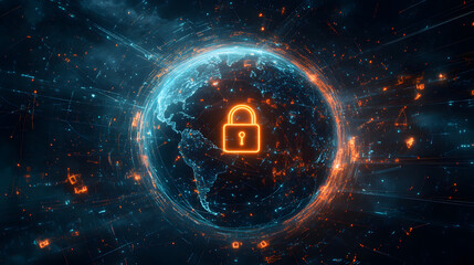 Obraz premium Cybersecurity lock glowing on digital Earth, data protection concept with futuristic technology, global internet safety, secure network, firewall system, encryption defense