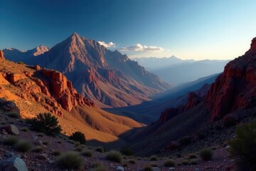 Fototapeta premium Sharp, shadowed New Mexico mountain ridge; dramatic light , NM, rock, dusk