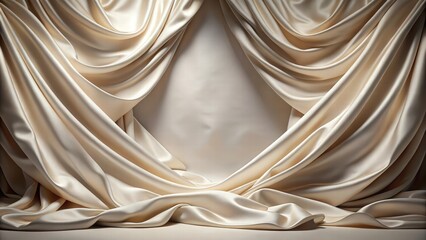 A soft, luxurious, cream-colored satin fabric draped in elegant folds, creating a dramatic and alluring backdrop for product photography or artistic designs.