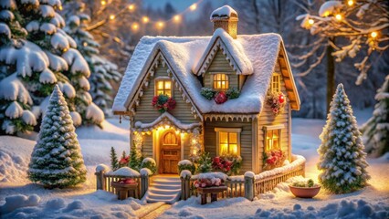 Fototapeta premium A charming snow-covered cottage with twinkling lights, surrounded by lush evergreen trees and a blanket of fresh snow, creating a serene winter wonderland scene.