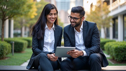 Indian Business Professionals Collaborating Outdoors Using a Digital Tablet for Work Discussion in a Modern Urban Setting