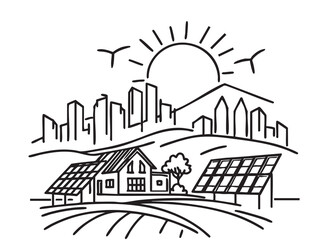 Fototapeta premium Landscape sketch drawing of a solar panel with sun shining