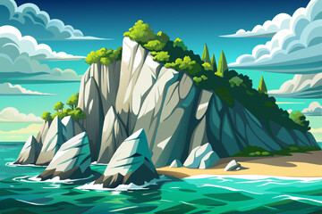 serene white limestone island with turquoise waves and lush greenery under a sunny sky